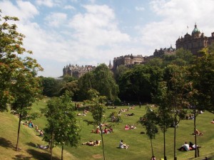 Ein grüner Park mit Bäumen und Menschen